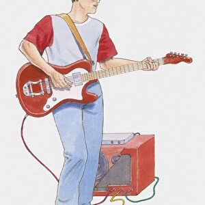 Illustration of man playing electric guitar, using foot pedal to change sounds, and amplifier