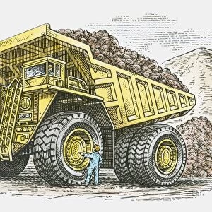 Illustration of man standing near wheel of giant dumper truck