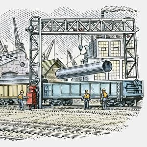 Illustration of man using pulley to lift steel pipe from cargo train