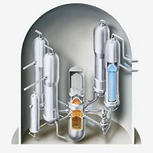 Illustration of nuclear fission reactor showing the water pressuriser, control rod mechanism, core, coolant pump, steam generator