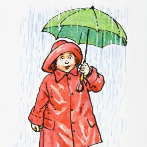 Illustration of of child standing in puddle holding umbrella above head wearing raincoat, rain hat and galoshes in torrential rain storm