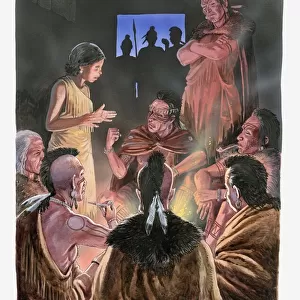 Illustration of Pocahontas speaking to her father and her tribe