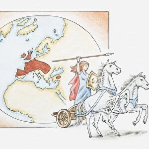 Illustration of Queen Boudicca on chariot in front of map showing Celtic territories across Europe