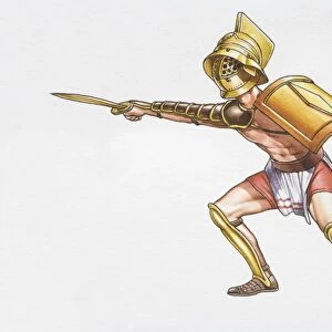 Illustration, Roman gladiator brandishing his sword in front of him, side view