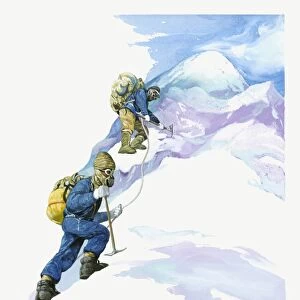 Illustration of Sir Edmund Hillary and Tenzig climbing Mt. Everest wearing oxygen masks
