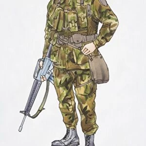 Illustration, soldier in camouflage gear holding machine gun