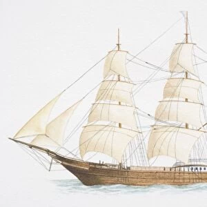 Illustration, three-mast wooden sailing ship flying the Swedish flag, side view