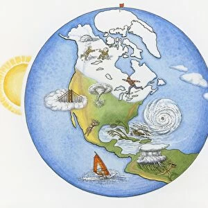 Illustration of various weather conditions in different parts of the world