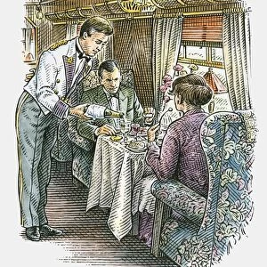 Illustration of waiter serving champagne to passengers in luxury train carriage