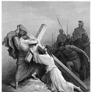Jesus falling beneath the cross engraving 1870