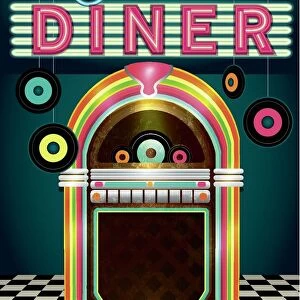 Late night retro 50s Diner menu layout with jukebox vinyl