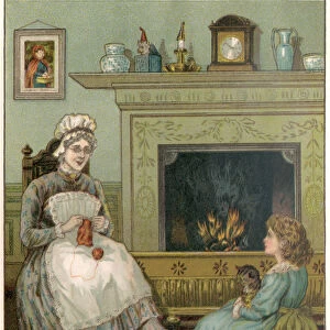 Little Victorian girl sitting beside the nursery fire with her nurse and cats