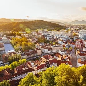 Ljubljana cityscape seen from above at sunset, Slovenia, EU