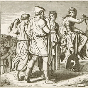 Nausicaa and Odysseus, Greek mythology, wood engraving, published in 1883