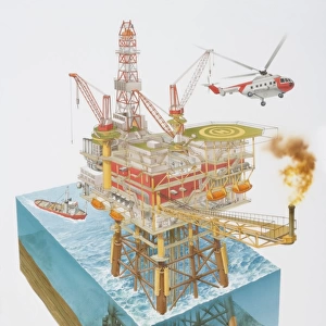 Off-shore oil rig surrounded by sailing fireboat and flying helicopter, underwater cross-section depicting the rigs foundations