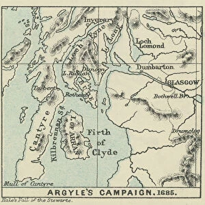 Old engraved map of Argyll's Rising, also known as Argyll's Rebellion, was an attempt in June 1685 to overthrow James II and VII