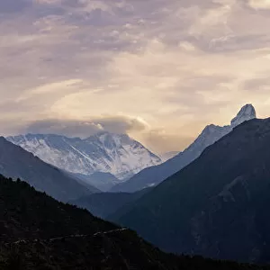 Panorama of the top of Himalayan mountain range with sunrise