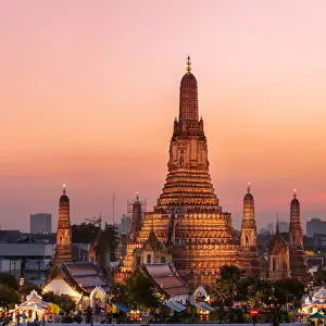 Panoramic of Wat Arun temple at sunset, Bangkok, Thailand