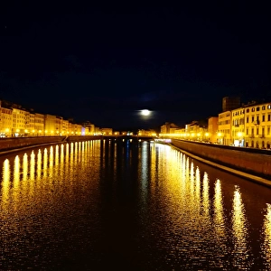 Pisa by Night, Arno River and Moon, Italy