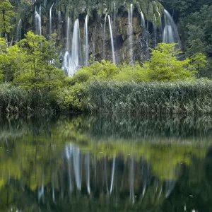 Reflection of waterfalls in Plitvice Lakes