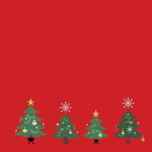 Row of four decorated Christmas trees against red background