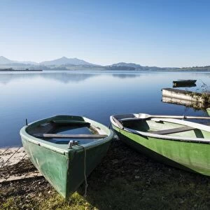Rowing boats on the shore of Hopfensee Lake near Fuessen, Ostallgaeu region, Allgaeu, Bavaria, Germany, Europe
