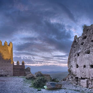 Ruins illuminated at dusk of the Castillo de Tabernas, AlmerAia