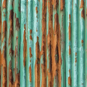 Rusty, green-painted corrugated iron wall, Faroe Islands, Faroe Islands, Denmark