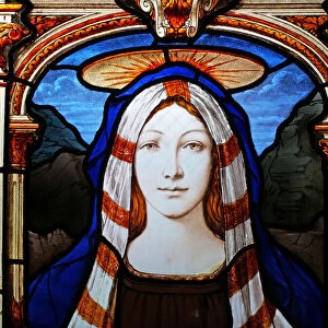 Saint Mary veiled and crowned on an abandoned stained glass window