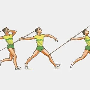 Sequence of illustrations showing male athlete throwing javelin