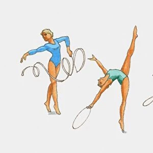 Series of illustrations showing rhythmic gymnasts using the ribbon, hoop, ball, rope and clubs