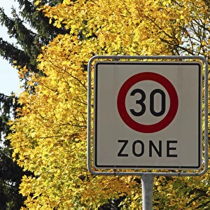 Sign, 30km / h tempo limit zone, autumn, city district of Mittelberg, Stadt Biberach, Upper Swabia, Baden-Wuerttemberg, Germany, Europe