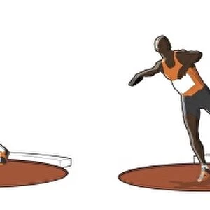 Four stages of athlete throwing a discus, preliminary swing, turning circle, release and follow through