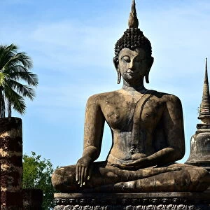 Statue with stupa Wat Mahathat temple Sukhothai Thailand, Asia