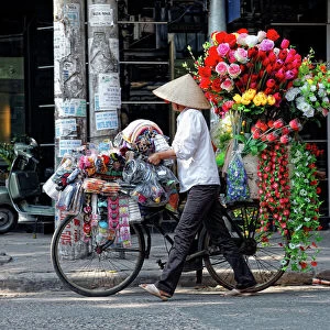 A street vendor with a bicycle selling her flowers in Hanoi, Vietnam, Asia