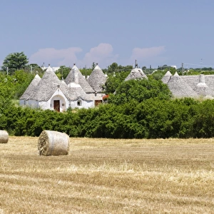 Stubble field, straw bales, Trulli houses, traditional round houses, at the back, near Locorotondo, Valle dItria, Apulia, Italy