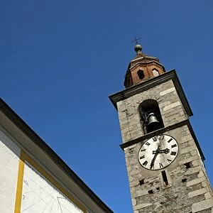 Sundial and church steeple, Ronco sopra Ascona, Ticino, Switzerland, Europe