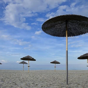 Sunshades on the beach, near Bastia, Corsica, France