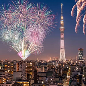 Tokyo skytree with fireworks at night, Japan