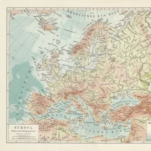 Topographic map of Europe, lithograph, published in 1897