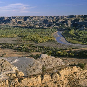 Valley of Little Missouri River and sedimentary hills in North Unit of Theodore Roosevelt National Park, North Dakota, USA