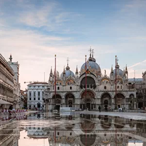 Venice flooded by high tide at sunrise, Italy