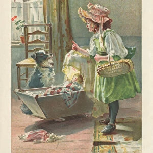 Victorian girl minding a baby and a dog