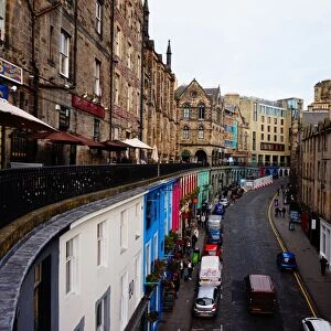 View on Colourful Victoria Street, Cars, Edinburgh, United Kingdom