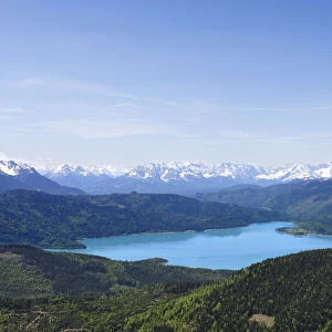 View from Mt Hirschkopfhoernl to Walchensee Lake and the Wetterstein range, Jachenau, Toelzer Land region, Isarwinkel region, Upper Bavaria, Bavaria, Germany, Europe, PublicGround