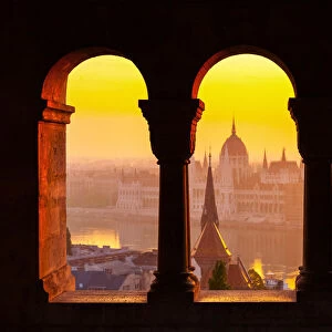 View of the Parliament of Hungary from the Fishermens Bastion at sunrise
