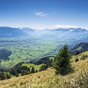 View of the Rhine valley as seen from the geological mountain trail, canton of Appenzell Inner-Rhodes, Switzerland, Europe