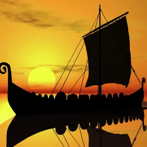 Viking ship, sunset, silhouette, 3D graphics