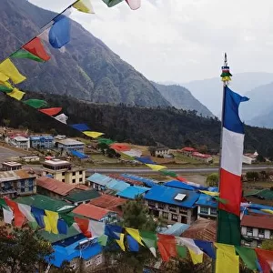 The village of Lukhla, Nepal, seen through prayer flags
