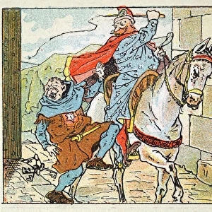 Vintage illustration, Cartoon of Wizard, man hitting the gatekeeper of a castle